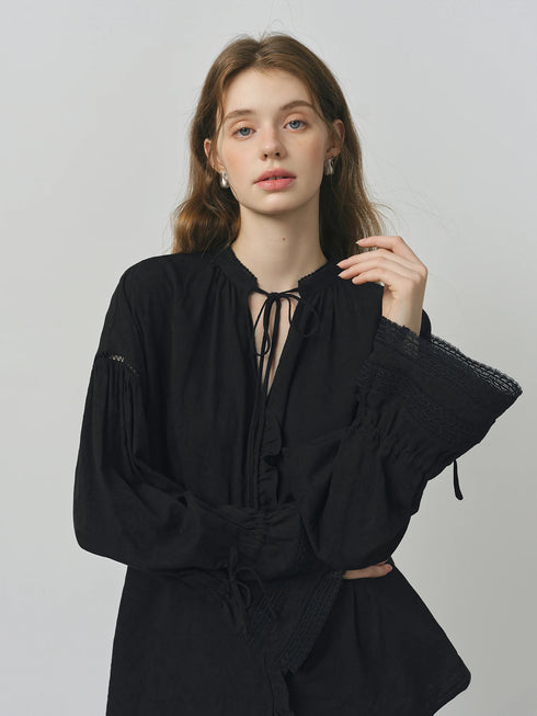 Lace-Up V-Neck Long Sleeve Casual Shirt for Women