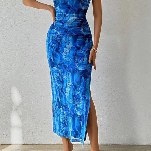 Summer Women Sexy Chestless Hem Slit Sleeveless Printed Dress