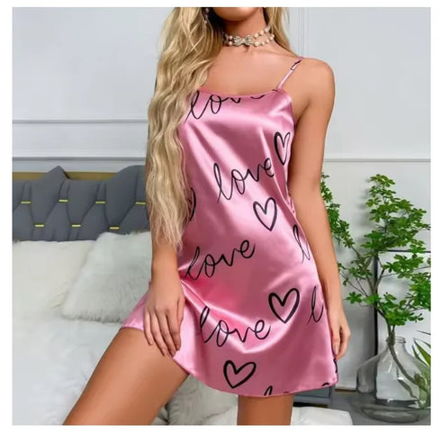 Women’s Satin Chemise Nightdress with Heart Print