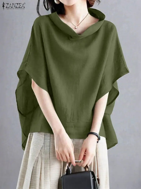 2025 ZANZEA Stylish Office Shirt Women Blouse Chic Pile Collar Half Sleeve Solid Tops Female OL Work Blusas Mujer Loose Chemise