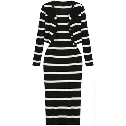 Women's 2-Piece Knit Cardigan and Striped Dress Set