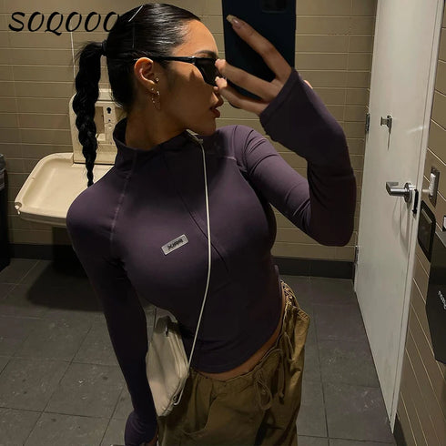 Y2K Long Sleeve Zip Crop Top for Women