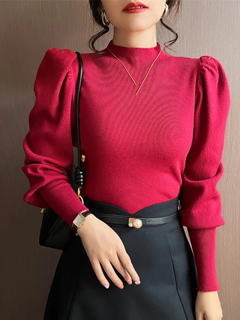 Slim Fit Turtleneck Sweater with Puff Sleeves