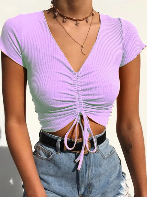 Sexy V Neck Cropped Tank Tops Women Slim Fit Ribbed Camis Candy Colors for Summer Party Streetwear