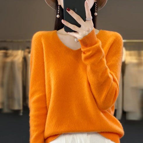 100% Merino Wool V-Neck Pullover Sweater for Women