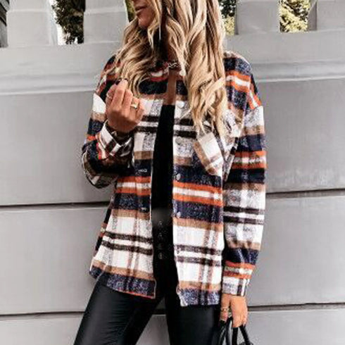 Women's Woolen Plaid Shirt Jacket - Vintage Streetwear