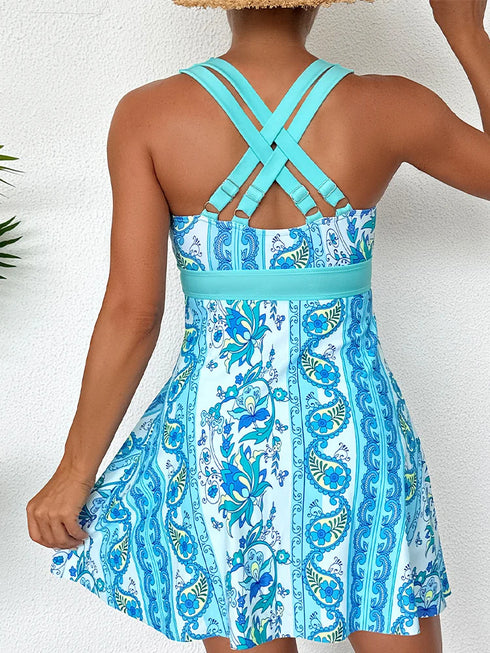 Women's Floral Tankini Set with Crisscross Back