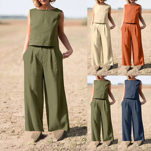 Women's Cotton Linen Sleeveless Top and Wide Leg Pants Set