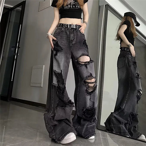 Vintage Black Ripped Wide Leg Jeans for Women