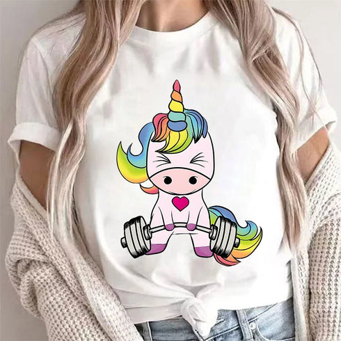 Whimsical Unicorn Weightlifting T-Shirts for Women | Trendy Fitness Graphic Tees for Summer Workouts