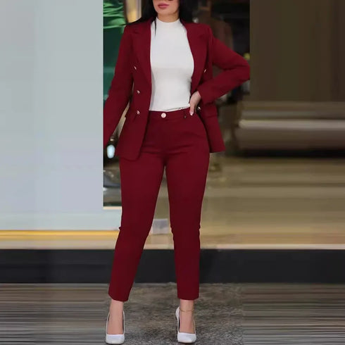 Notched Neck Blazer & High Waist Pants Set for Women