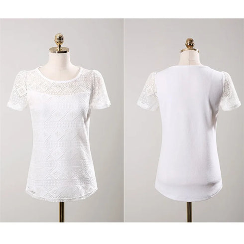 New Women Clothing Chiffon Blouse Lace Crochet Female Korean Shirts Ladies Blusas Tops Shirt White Blouses Slim Fit Tops 2024