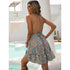 Summer Sexy Short Dress Women Casual Floral Backless Sundress V Neck Blue Ruffle A-line Fashion