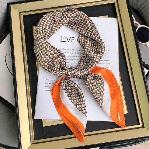 Luxury Design Print Silk Square Scarf Women Soft Satin Horse Hairband Neckerchief Office Hijab Headband Foulard Bag Ribbons Gift