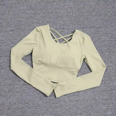 Women's hollow-out back with a built-in bra, long-sleeved yoga top, quick-drying, one-piece bra, pil training fitness suit.