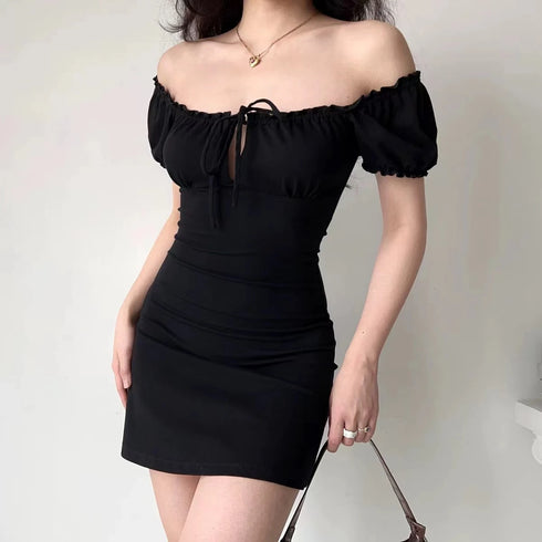 Summer Sexy Mini Dress Women Short Sleeved Lace Up Backless A-Line Casual Bodycon Black Dress for Parties