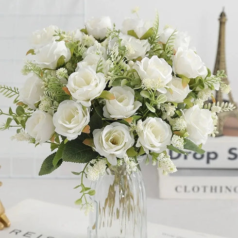30cm White Silk Peony Bouquet with 5 Large Heads