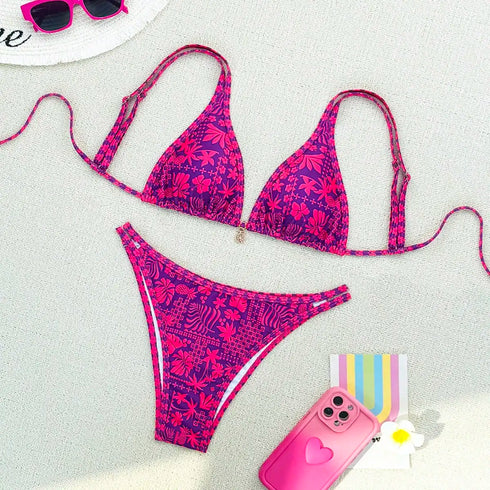 Purple Floral Print Bikini Set for Women