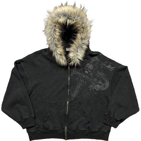 Y2K Aesthetic Faux Fur Collar Zip-Up Hoodie