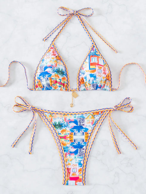 Floral Print Triangle Bikini Set with Brazilian Bottoms