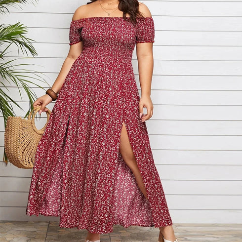 Boho Floral Print Off Shoulder A-Line Dress