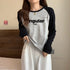 Retro One-Shoulder Long Sleeve Letter Print T-Shirt