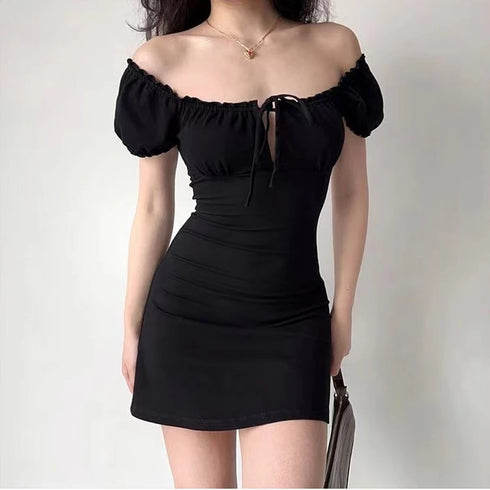 Summer Sexy Mini Dress Women Short Sleeved Lace Up Backless A-Line Casual Bodycon Black Dress for Parties