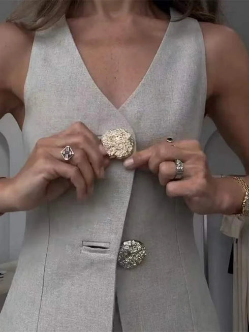 Women's V-Neck Sleeveless Waistcoat & Wide Leg Pant Set