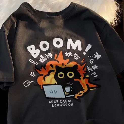 Oversized Cartoon Cat Print T-shirt for Women