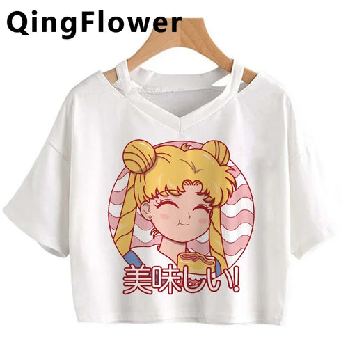 Kawaii Anime Cartoon Tee for Women - V-Neck Short Sleeve Top