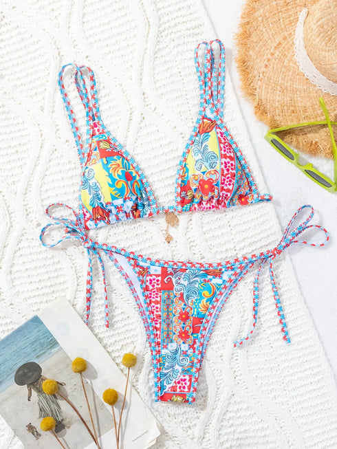 Floral Print Triangle Bikini Set with Brazilian Bottoms