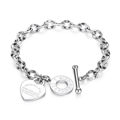 Stainless Steel Heart Bracelet with Proverbs Inscription