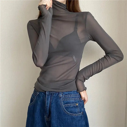 Sheer Long Sleeve Turtleneck Mesh Crop Top