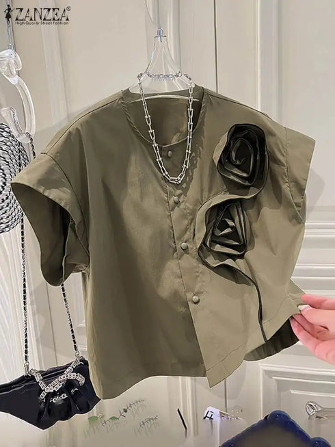ZANZEA Women's Floral Short Sleeve Blouse