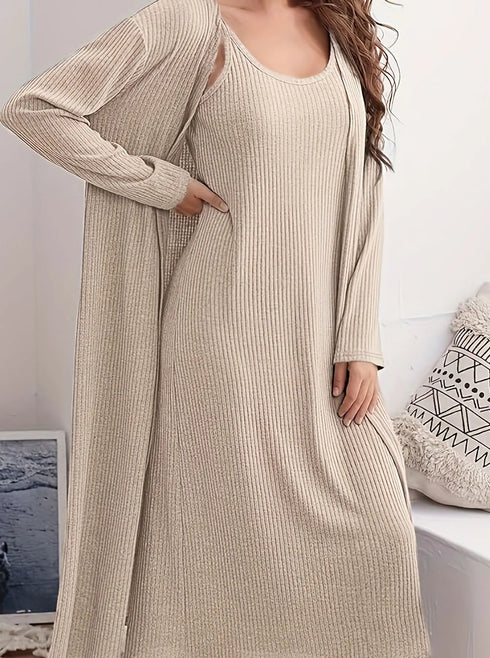 Khaki Plus Size Woven Casual Set for Women