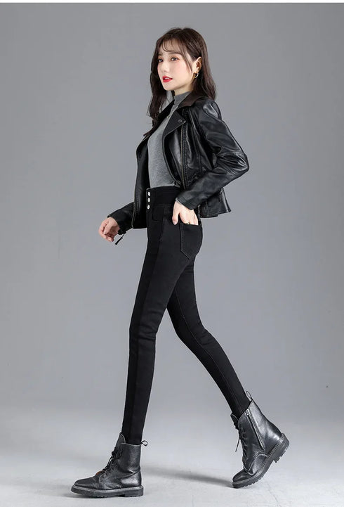 Women's Fleece-Lined High-Waisted Slim Fit Jeans