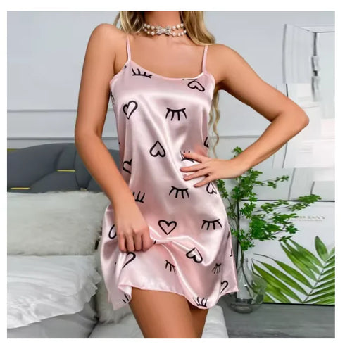 Women’s Satin Chemise Nightdress with Heart Print