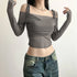 Women's Y2K Streetwear Solid Slash Neck Crop Top Sexy Off-Shoulder Long Sleeve Slim Mesh Tee Straps T-Shirt