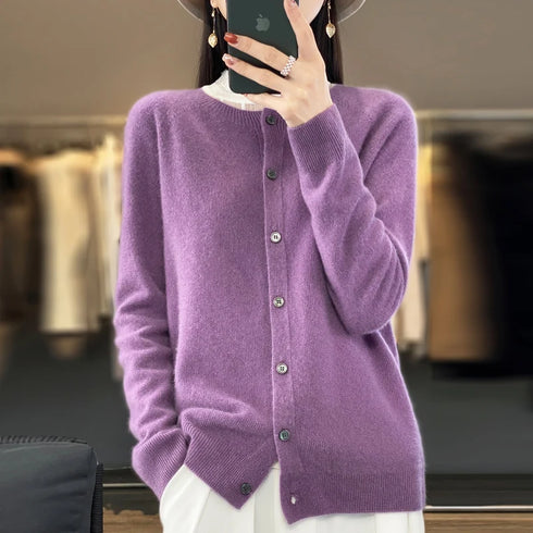 100% Pure Merino Cashmere O-Neck Cardigan for Women