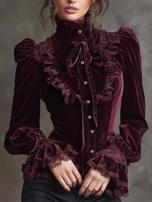 Elegant Women's Velvet Blouse Autumn High Neck Ruffle Lace Trim Flare Sleeve Button Down Top Vintage Party Bowknot Blouse