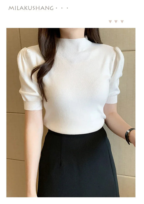 Women's Puff Sleeve Knitted Blouse with Half Turtleneck
