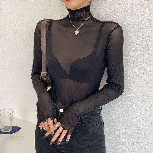 Chic See-Through Long Sleeve T-Shirt in Pink & Green