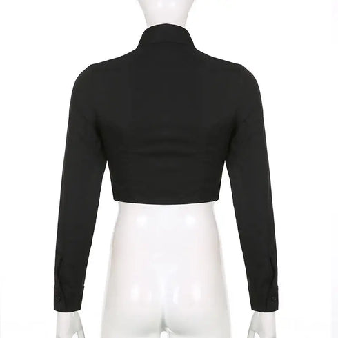 Zadily Long Sleeve Button-Up Crop Top in Black