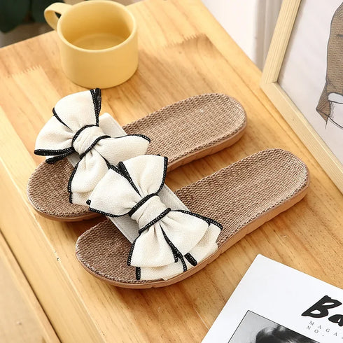 Women's Summer Casual Slides with Striped Bow Detail