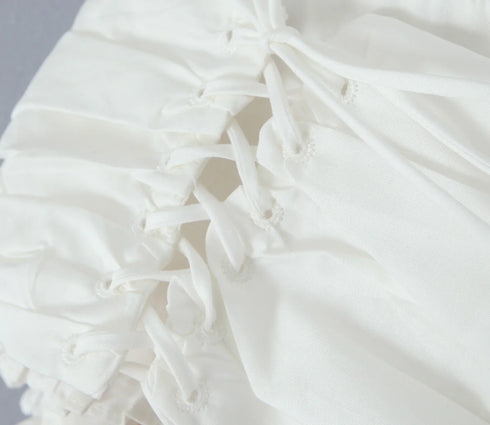 2023 Sexy Corset White Ruched Chest Square Collar Short Puff Sleeve Shirt Women Cross Lacing up Bandage Waist Bodycon Crop Tops