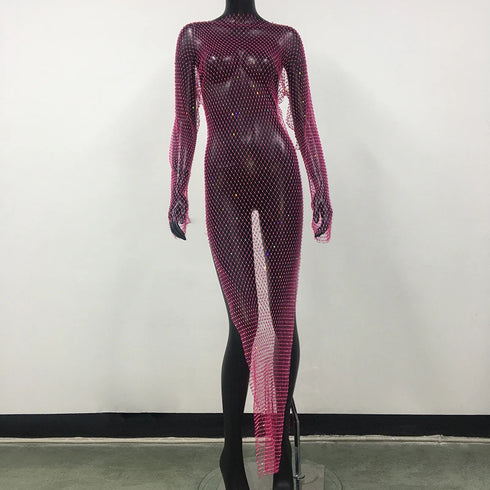 Shiny Rhinestones Grid Fishnet Dress