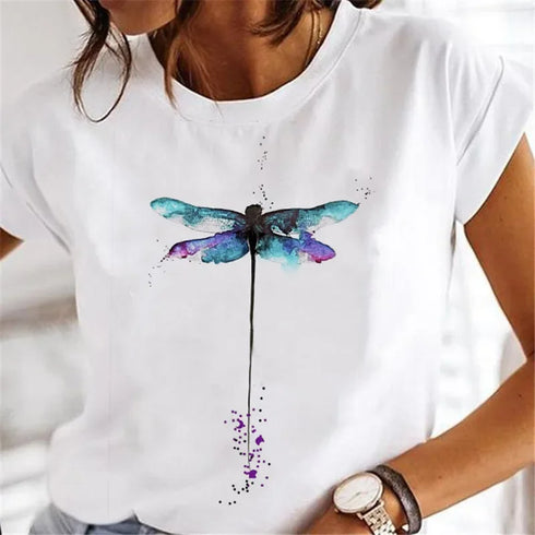 Feather Print Aesthetic T-Shirt for Women - Short Sleeve Graphic Tee, Trendy Streetwear Top, Perfect for Spring/Summer Fashion