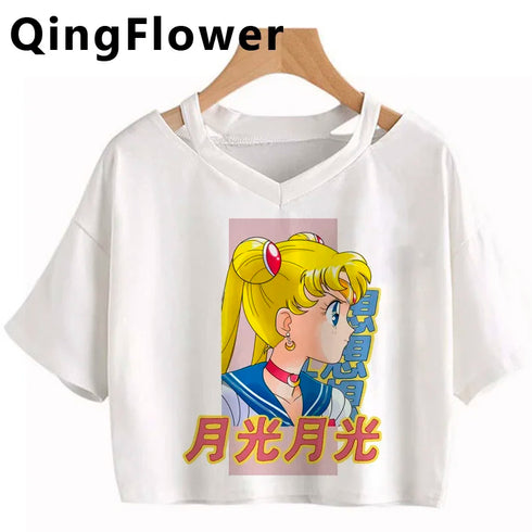 Kawaii Anime Cartoon Tee for Women - V-Neck Short Sleeve Top