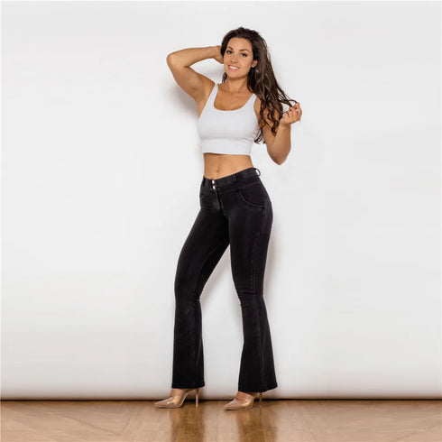 Ladies Distressed Black Flare Jeans