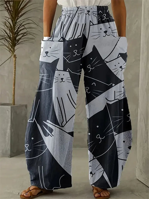Women's Cartoon Cat Loose Wide-Leg Pants